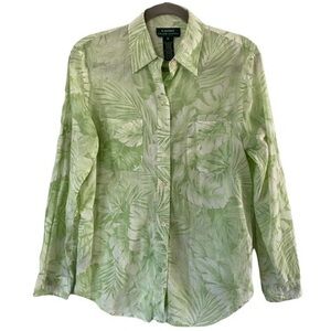 Lauren Ralph Tropical Green Floral Button Down Shirt Medium soft cotton cute